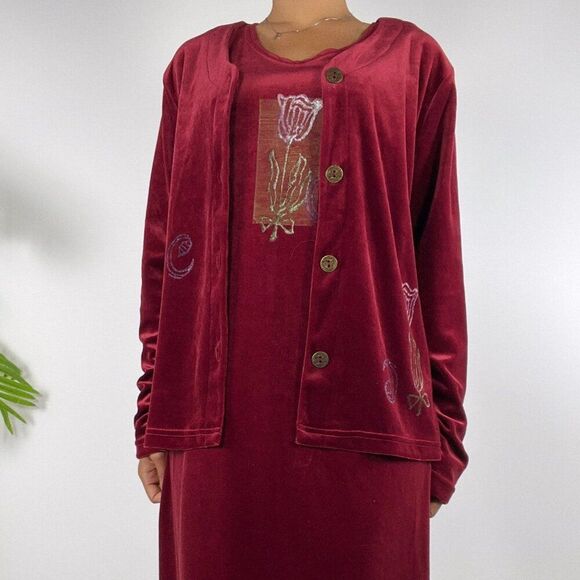 Vintage 90s Red Floral Velour Cottagecore 2-Piece Maxi Dress Cardigan Set / L - Picture 6 of 9